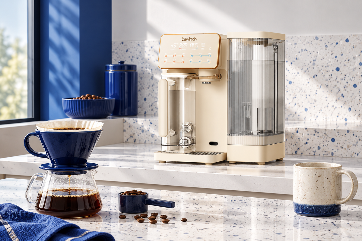 Bewinch G3 beside separate manual coffee brewing equipment on a terrazzo counter