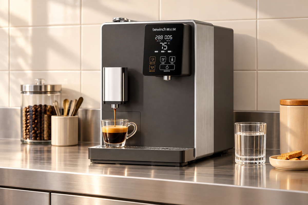 Bewinch K5 coffee and water appliance on a bright brushed-metal coffee counter
