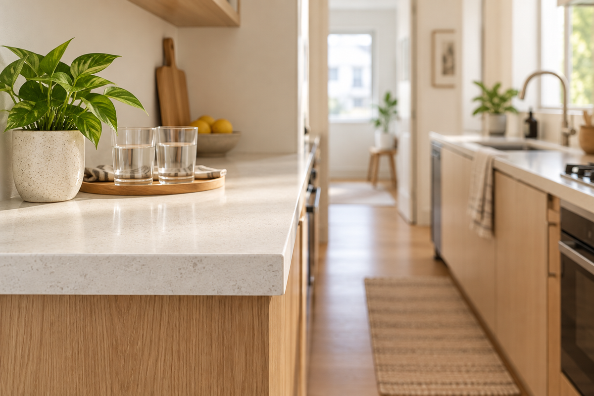 Open dry counter-end space away from the busy galley kitchen route