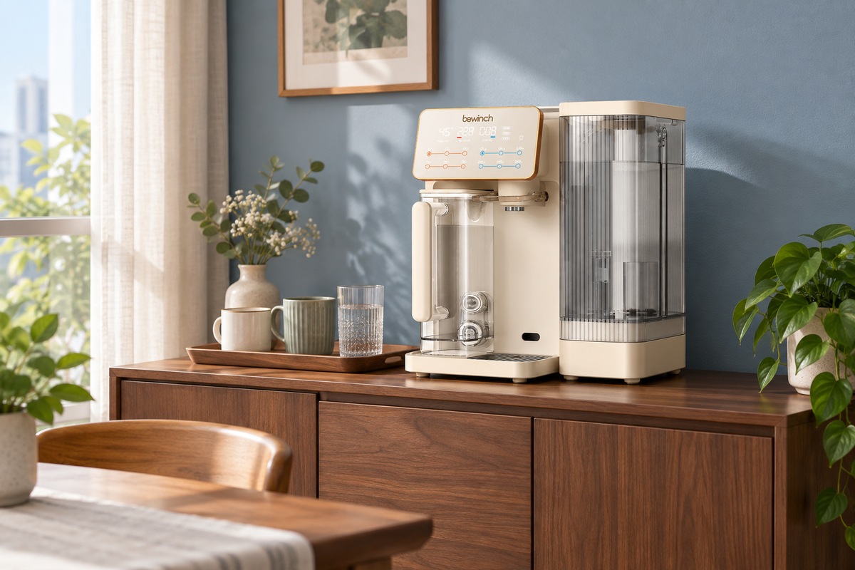Bewinch G3 on a freestanding cabinet with everyday drinkware