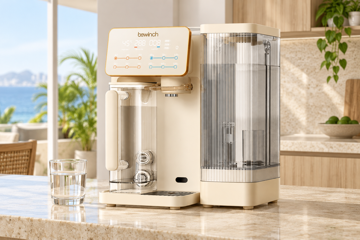 Bewinch G3 integrated countertop drinking-water system in a bright kitchen.