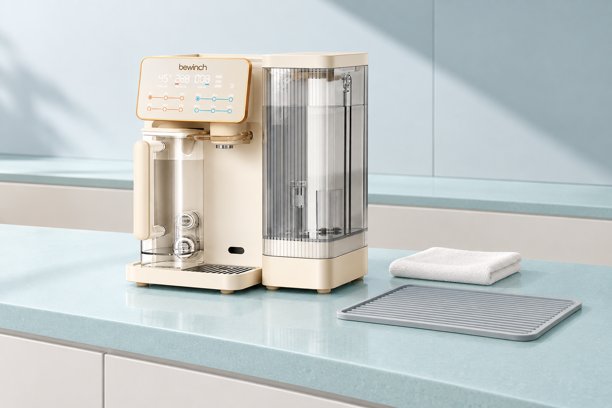 Bewinch G3 beside a folded care cloth on an aqua counter
