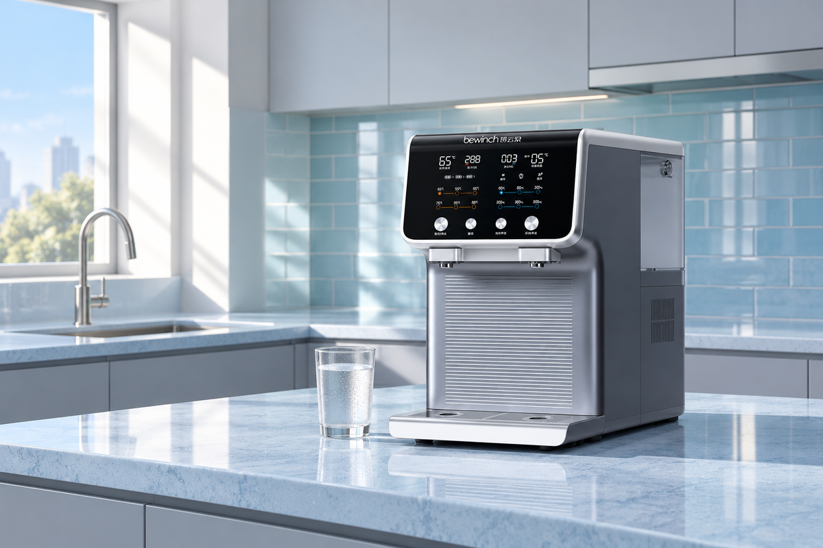 Bewinch G7c on a blue kitchen counter with a glass of chilled water