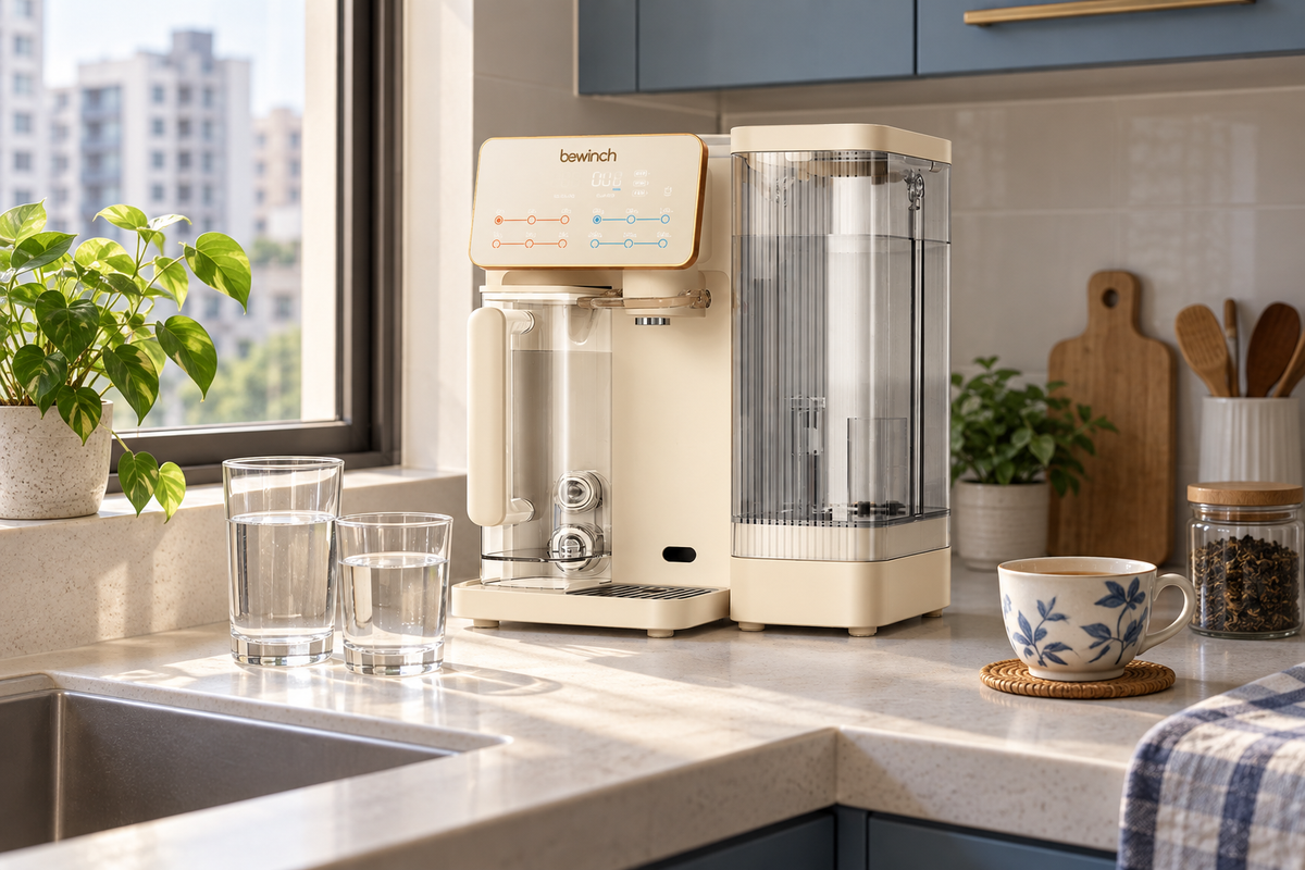Bewinch G3 alongside reusable glasses and a tea cup for everyday household use